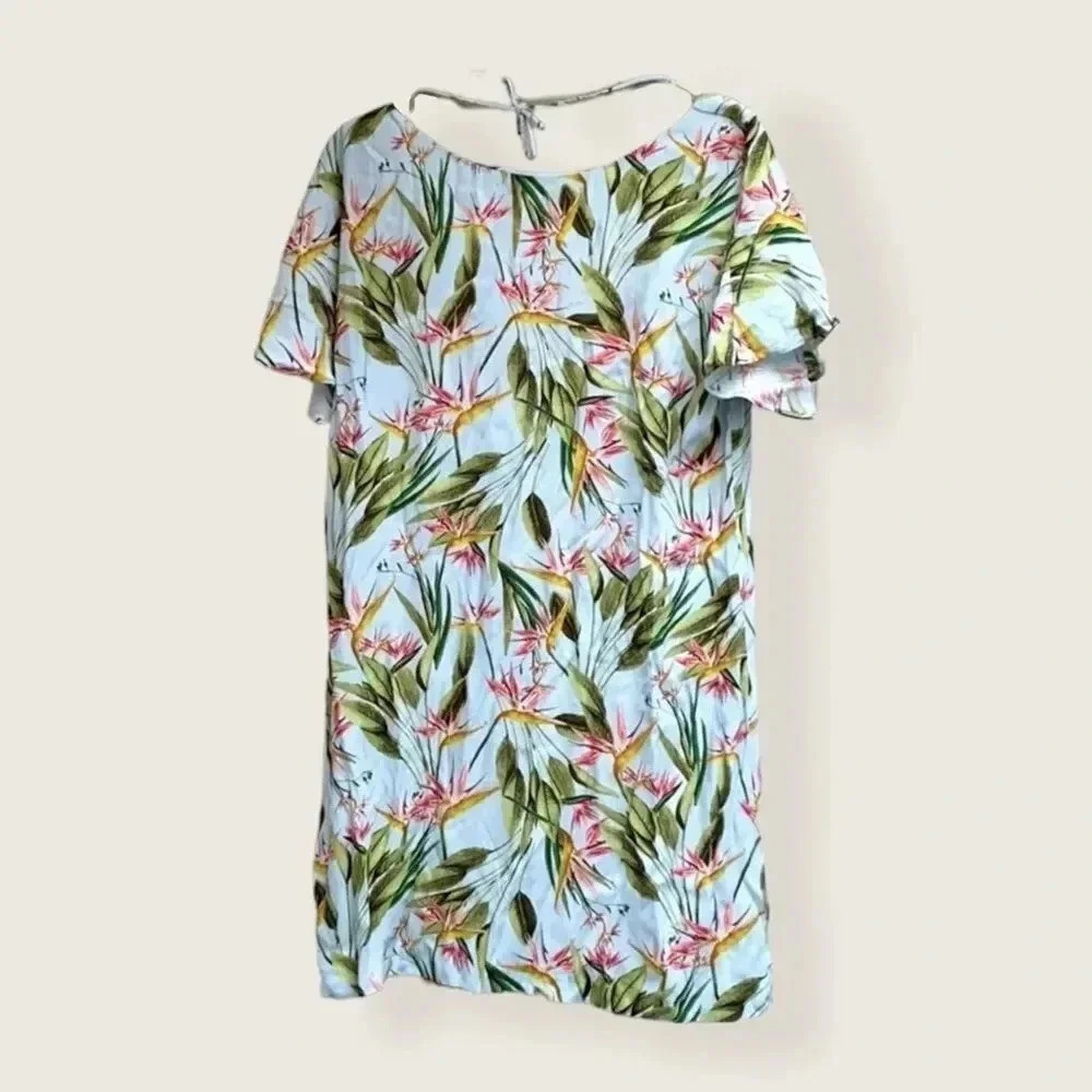 Zara Tropical Jungle Floral Print Ruffle Short Sleeve Low Back Mini Dress Size M - Picture 3 of 9